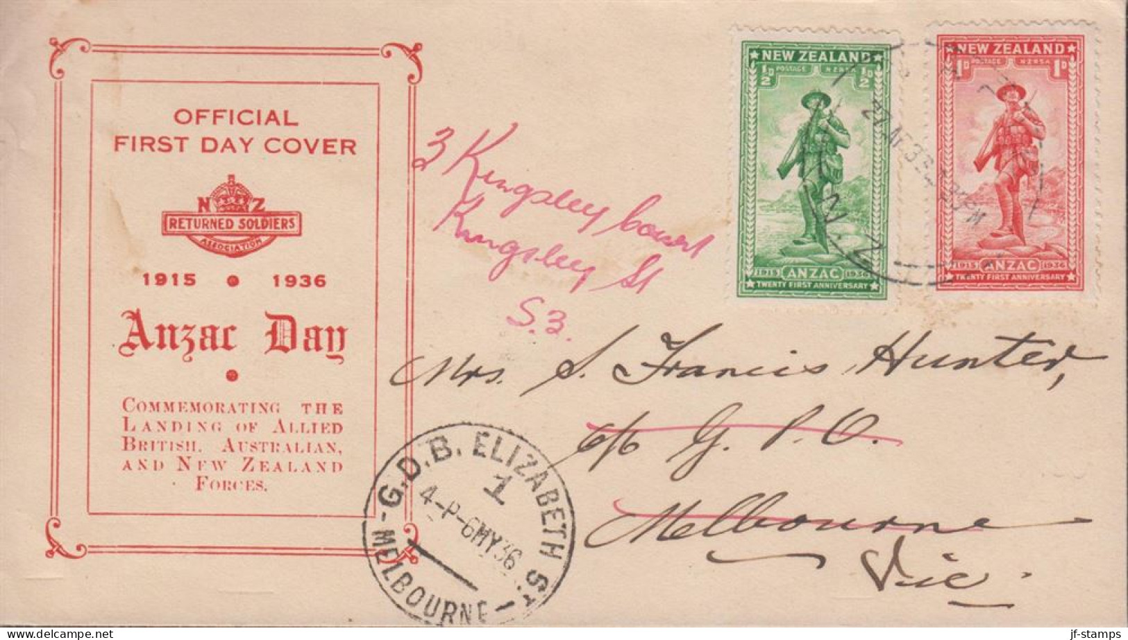 1936. New Zealand. ANZAC RETURNED SOLDIERS ½ + 1 D + ½ + 1 On FDC To Melbourne,  (MICHEL 210, 211) - JF438477 - Brieven En Documenten