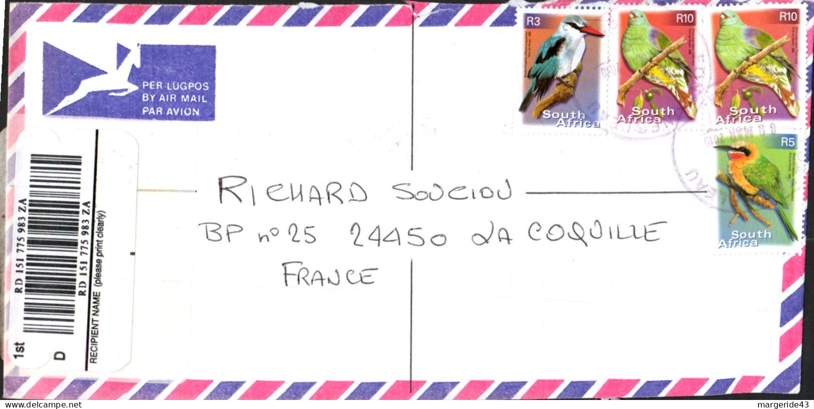 AFRIQUE DU SUD SEUL SUR LETTRE RECOMMANDEE POUR LA FRANCE 2016 - Cartas & Documentos