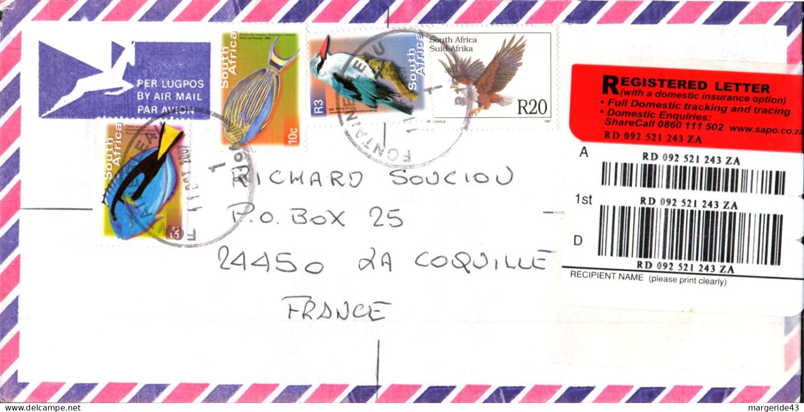 AFRIQUE DU SUD SEUL SUR LETTRE RECOMMANDEE POUR LA FRANCE 2007 - Lettres & Documents