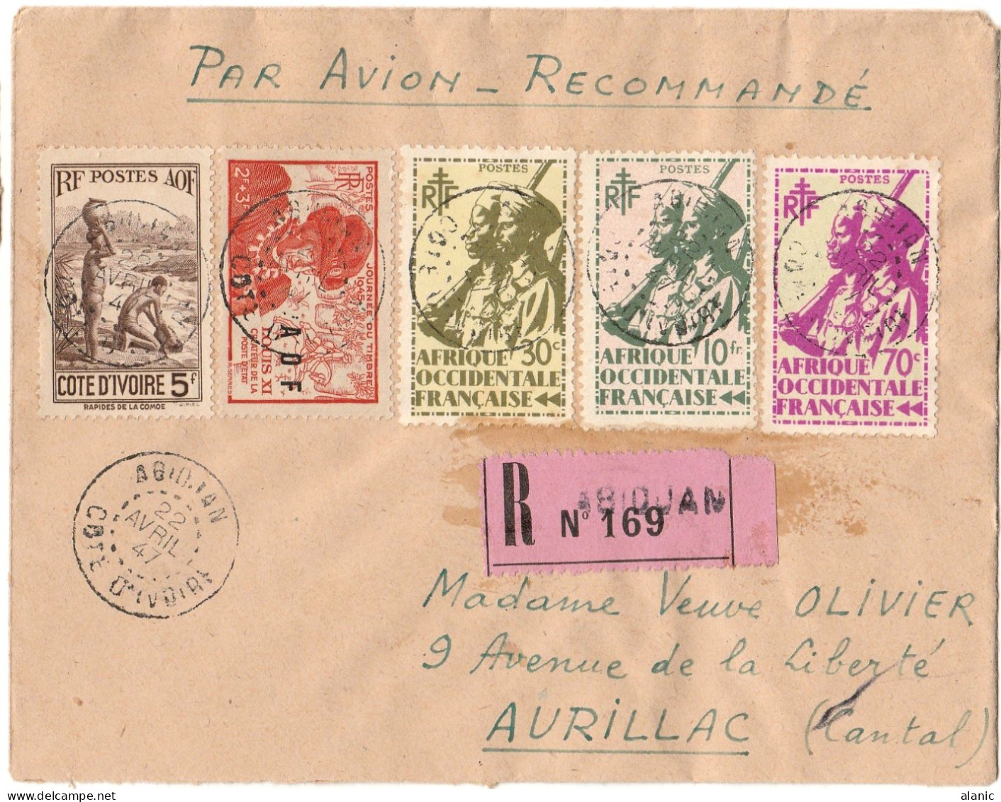 COTE  D'IVOIRE Lettre Recommandée-Par Avion-Bel Affranchissement- ABDIJAN Pour AURILLAC (Cantal)22 Avril 1947 - Briefe U. Dokumente