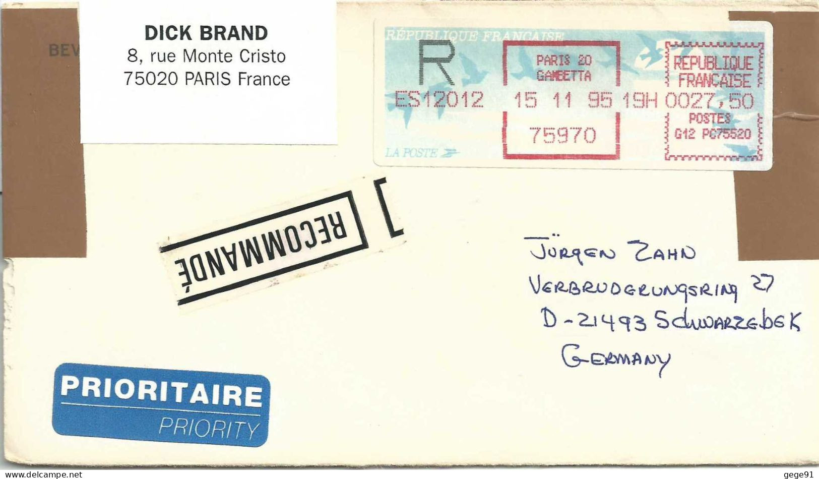 Vignette D'affranchissement - MOG - Paris 20 Gambetta - Lettre Recommandée Pour L'Allemagne - 1990 Type « Oiseaux De Jubert »