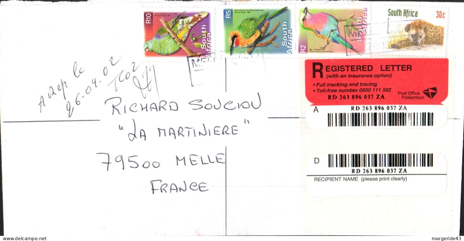 AFRIQUE DU SUD SEUL SUR LETTRE RECOMMANDEE POUR LA FRANCE 2002 - Covers & Documents