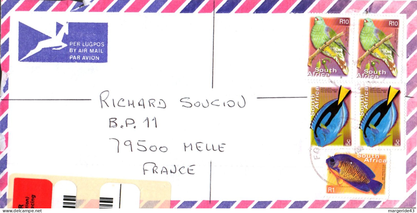 AFRIQUE DU SUD SEUL SUR LETTRE RECOMMANDEE POUR LA FRANCE 2005 - Cartas & Documentos