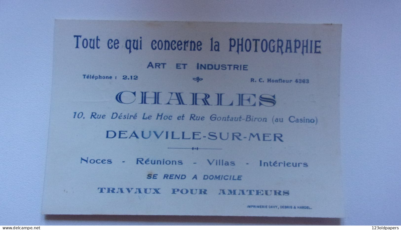 CDV  DEAUVILLE CHARLES  TOUT CE QUI CONCERNE LA PHOTOGRAPHIE  ART ET INDUSTRIE  10 RUE DESIRE LE HOC GONTAUT BIRON CASIN - Cartes De Visite