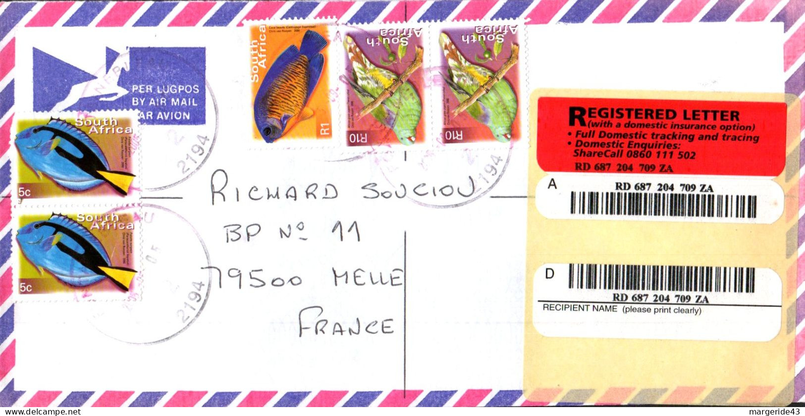 AFRIQUE DU SUD SEUL SUR LETTRE RECOMMANDEE POUR LA FRANCE 2005 - Covers & Documents