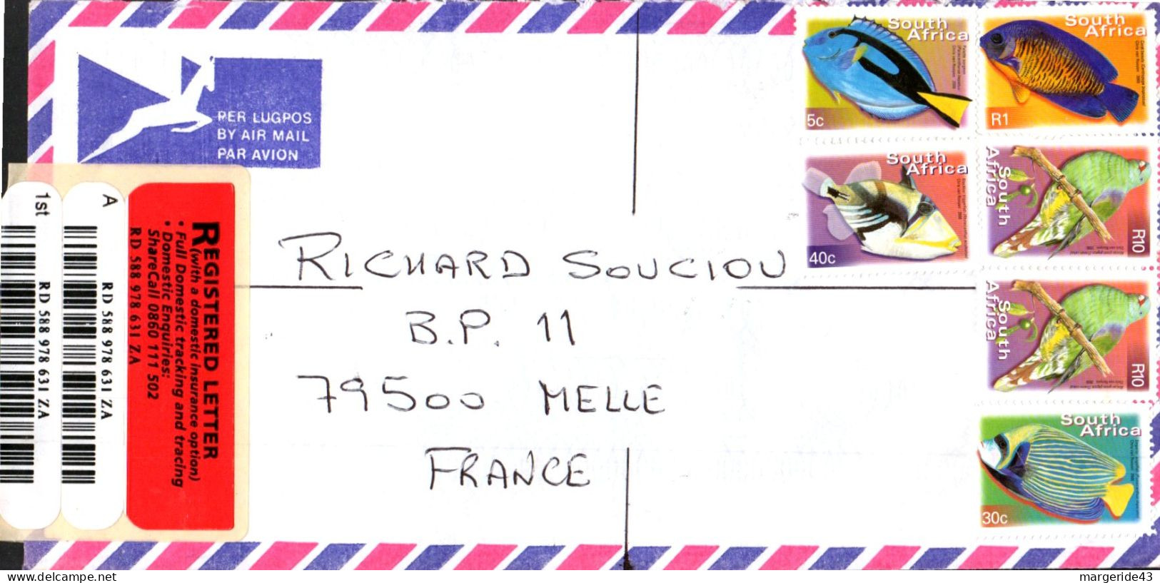 AFRIQUE DU SUD SEUL SUR LETTRE RECOMMANDEE POUR LA FRANCE 2005 - Covers & Documents