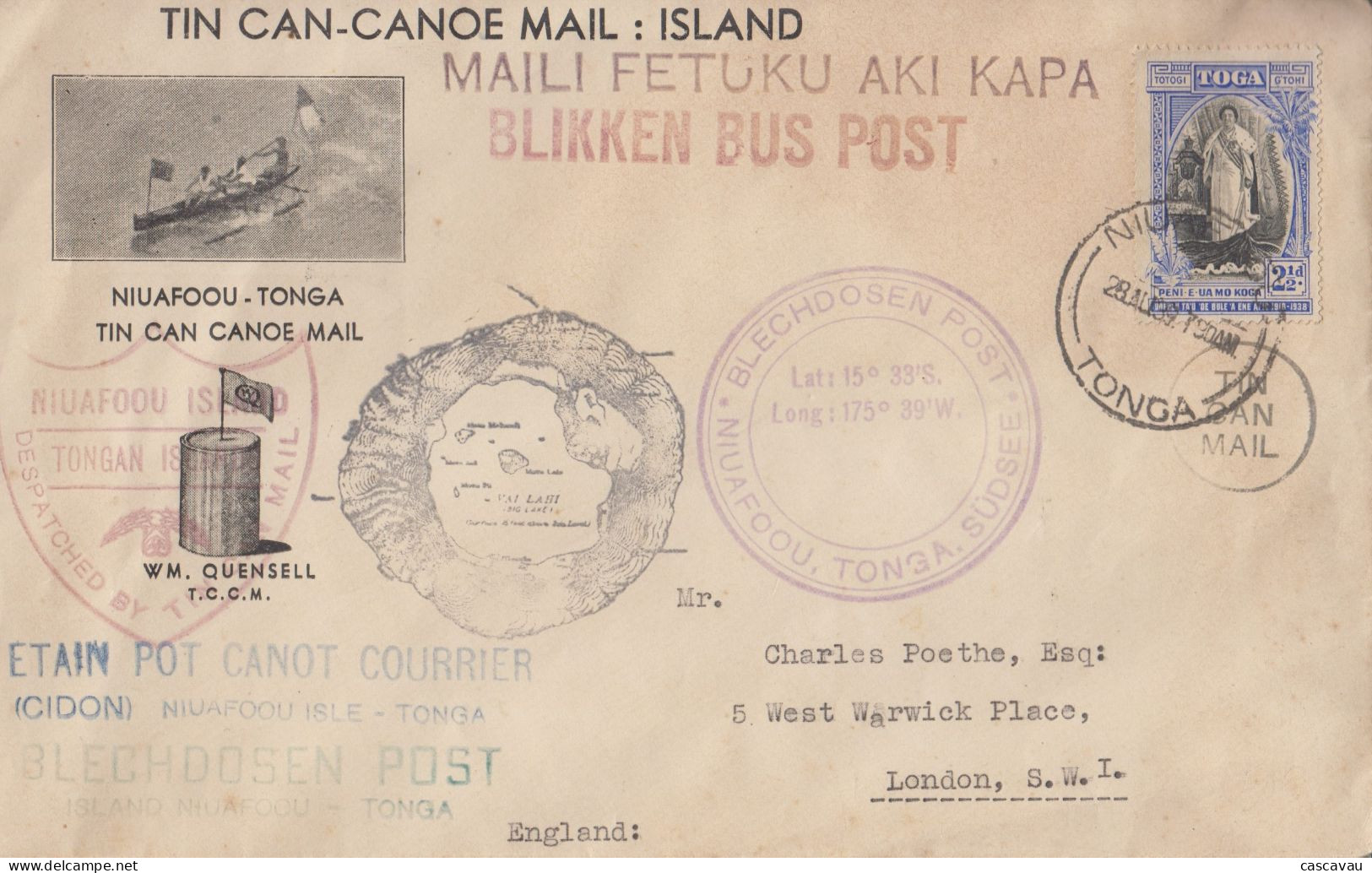 Enveloppe  TONGA    TIN  CAN - CANOE   MAIL   1939 - Tonga (...-1970)