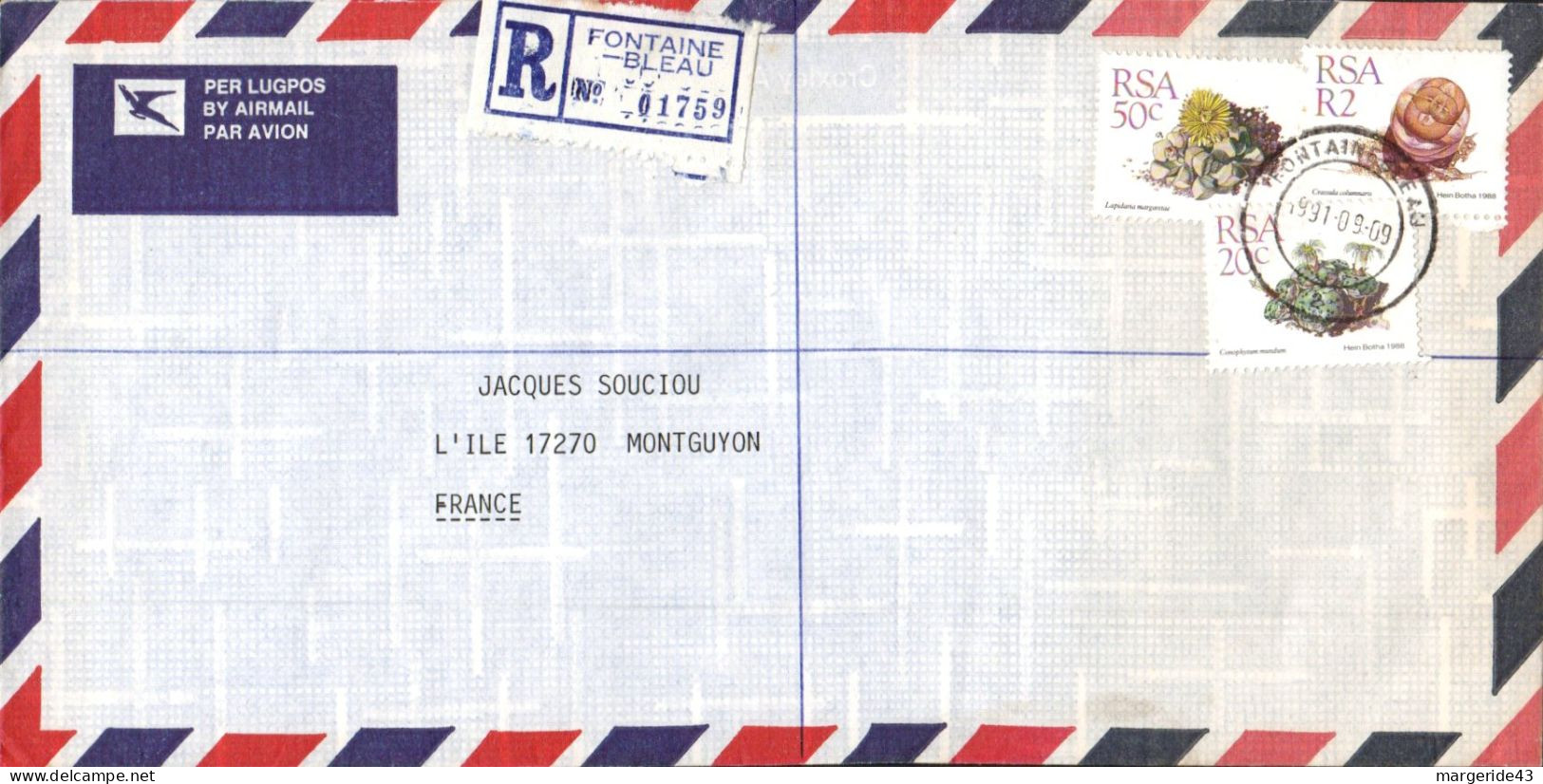 AFRIQUE DU SUD SEUL SUR LETTRE RECOMMANDEE POUR LA FRANCE 1991 - Brieven En Documenten