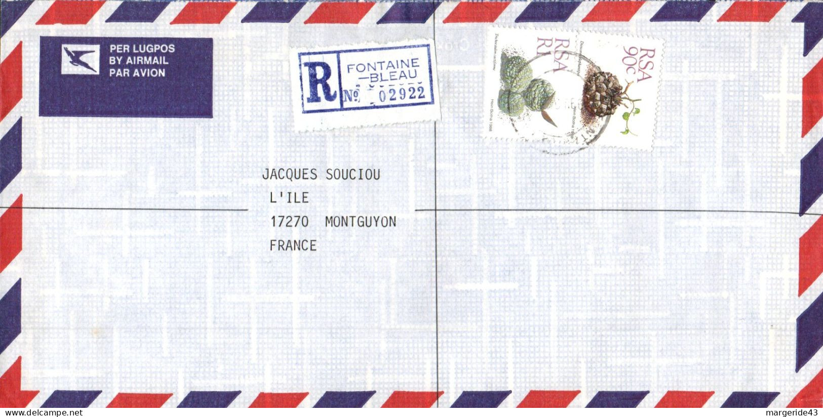 AFRIQUE DU SUD SEUL SUR LETTRE RECOMMANDEE POUR LA FRANCE 1990 - Briefe U. Dokumente