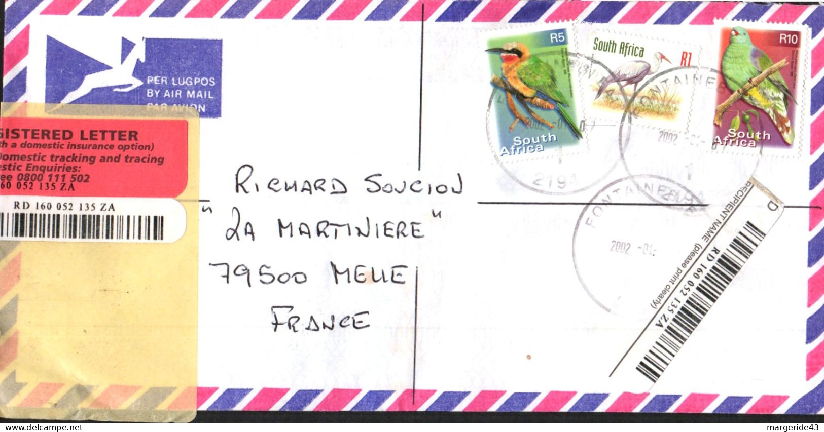 AFRIQUE DU SUD SEUL SUR LETTRE RECOMMANDEE POUR LA FRANCE 2002 - Storia Postale