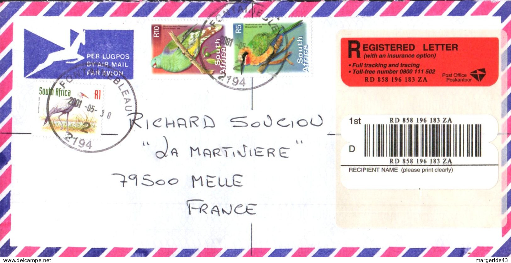 AFRIQUE DU SUD SEUL SUR LETTRE RECOMMANDEE POUR LA FRANCE 2001 - Cartas & Documentos