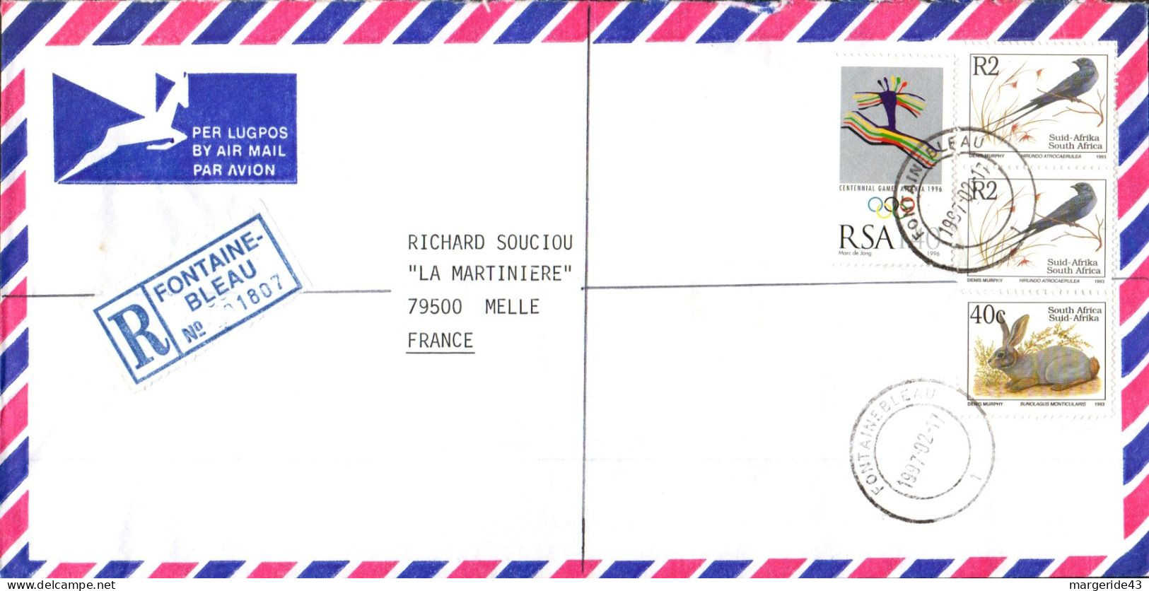 AFRIQUE DU SUD SEUL SUR LETTRE RECOMMANDEE POUR LA FRANCE 1994 - Cartas & Documentos