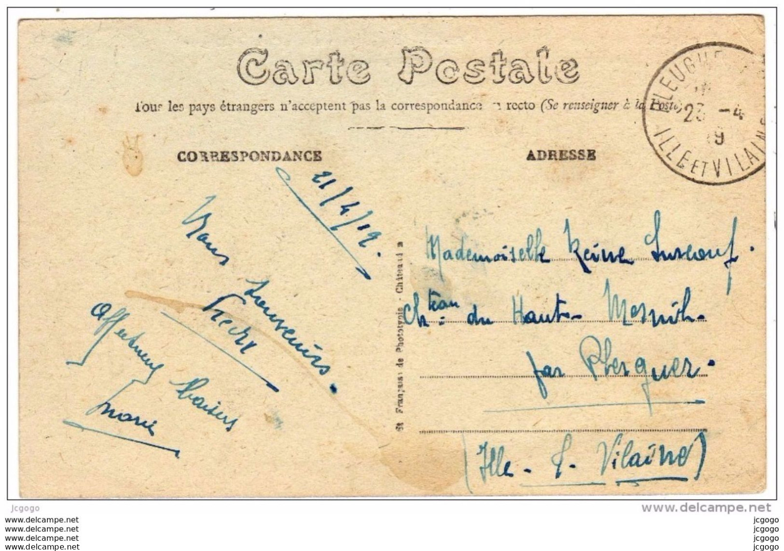 BÉCHEREL - CHÂTEAU DE CARADEUC Au Comte De Kernier  Carte écrite En 1919  2 Scans - Bécherel