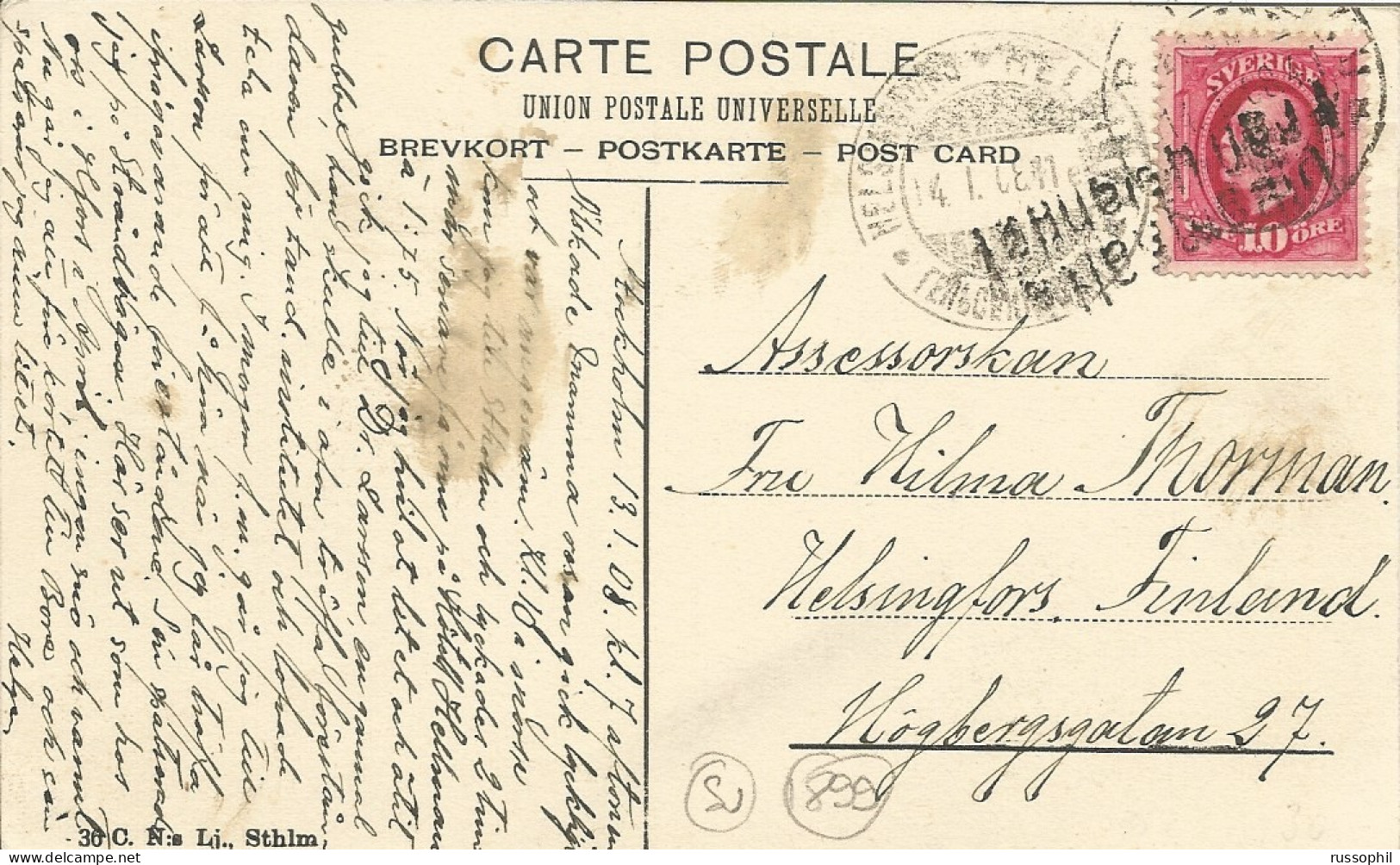 SWEDEN - SWEDISH SEA POST MARK "Ulkomaalta / Från Utlandet" ON FRANKED PC (VIEW OF STOCKHOLM) TO FINLAND - 1908 - 1885-1911 Oscar II