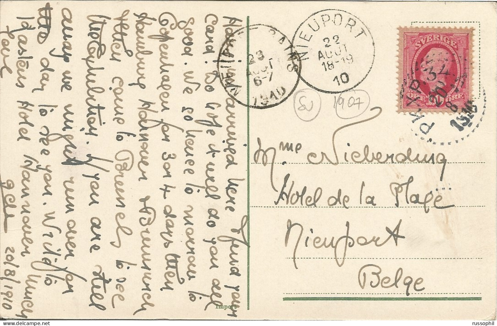 SWEDEN - TPO "PKXP N° 34A" DEPARTURE POSTMARK ON PC (VIEW OF STOCKHOLM) WITH STAMP TO BELGIUM - 1910 - 1885-1911 Oscar II