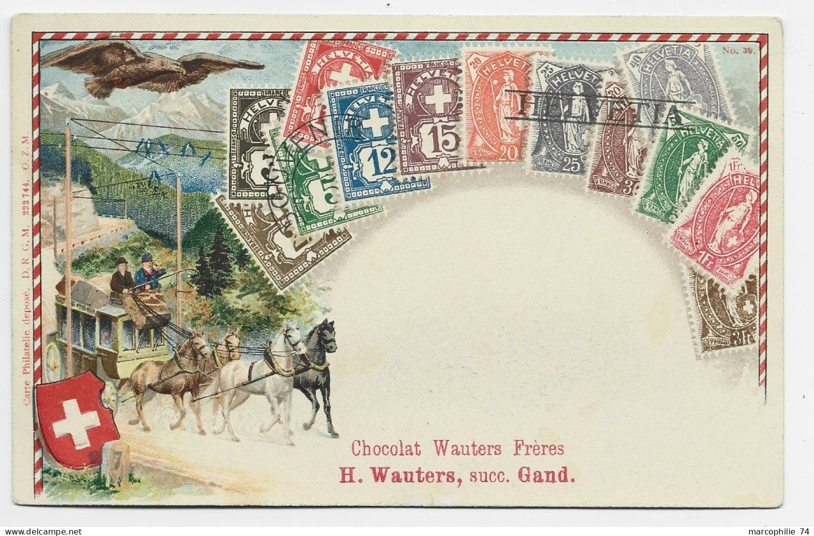 HELVETIA SUISSE CARTE GAUFFREE  +PUB CHOCOLAT WAUTERS FRERES H. WAUTERS SUCC GAND BELGIQUE - Covers & Documents