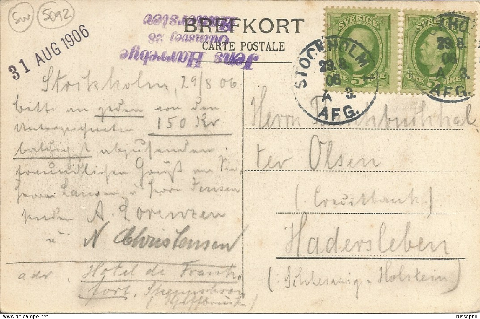 SWEDEN - CLEAR "STOCKHOLM AFG" DEPARTURE CDS ON FRANKED PC (VIEW OF STOCKHOLM)  TO GERMANY - 1906 - 1885-1911 Oscar II