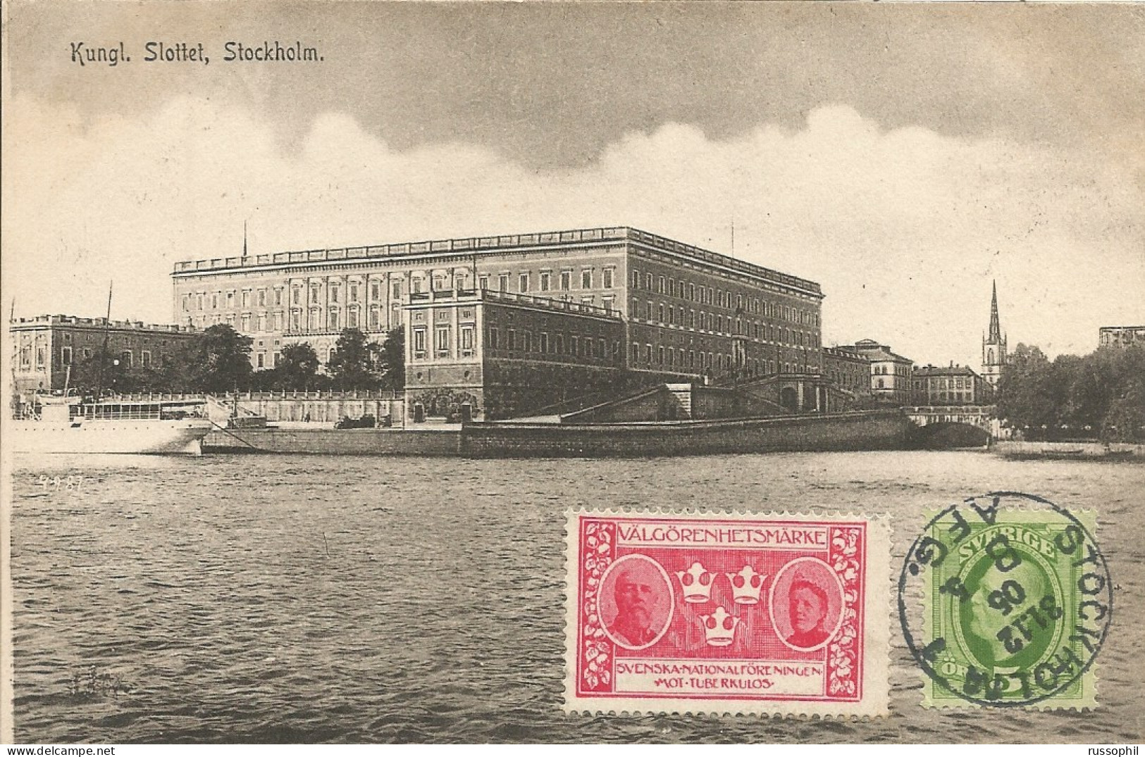 SWEDEN - TUBERCULOSIS VIGNETTE ON FRANKED PC (VIEW OF STOCKHOLM) WITH STAMP TO DENMARK - 1905 - 1885-1911 Oscar II