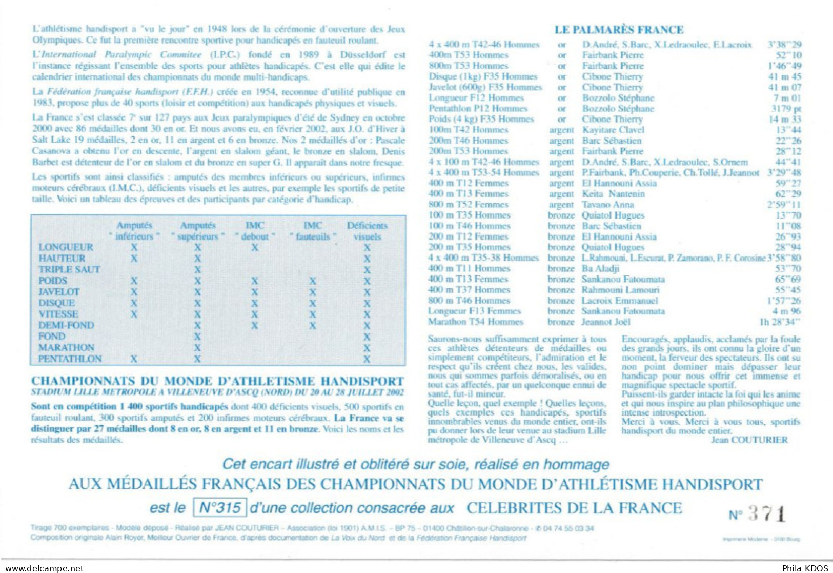 Rare (371/700) Encart 1er Jour N°té / Soie Edit° A.M.I.S. De 2002 : " ATHLETISME HANDISPORT ". N° YT 3495. Parf état FDC - Handisport