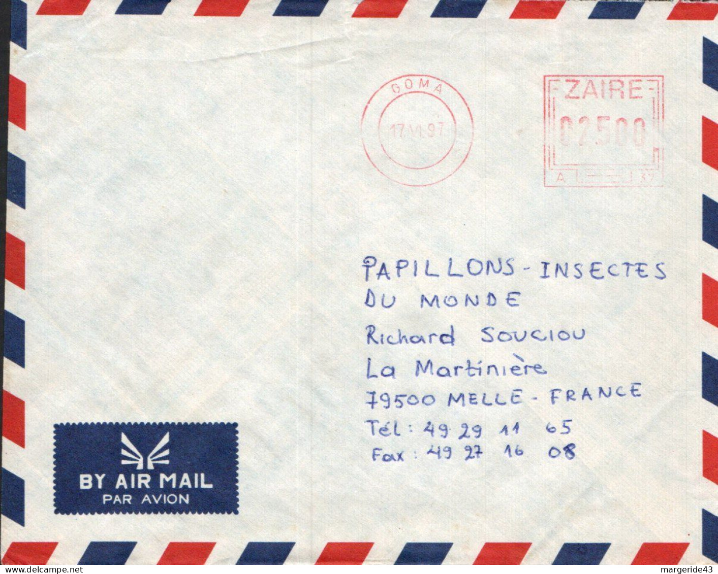 ZAIRE EMA  SUR LETTRE POUR LA FRANCE 1997 - Cartas & Documentos