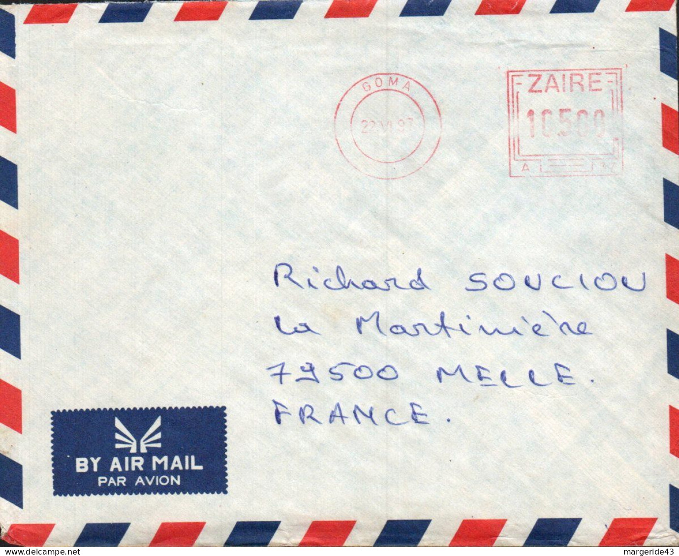 ZAIRE EMA  SUR LETTRE POUR LA FRANCE 1997 - Lettres & Documents