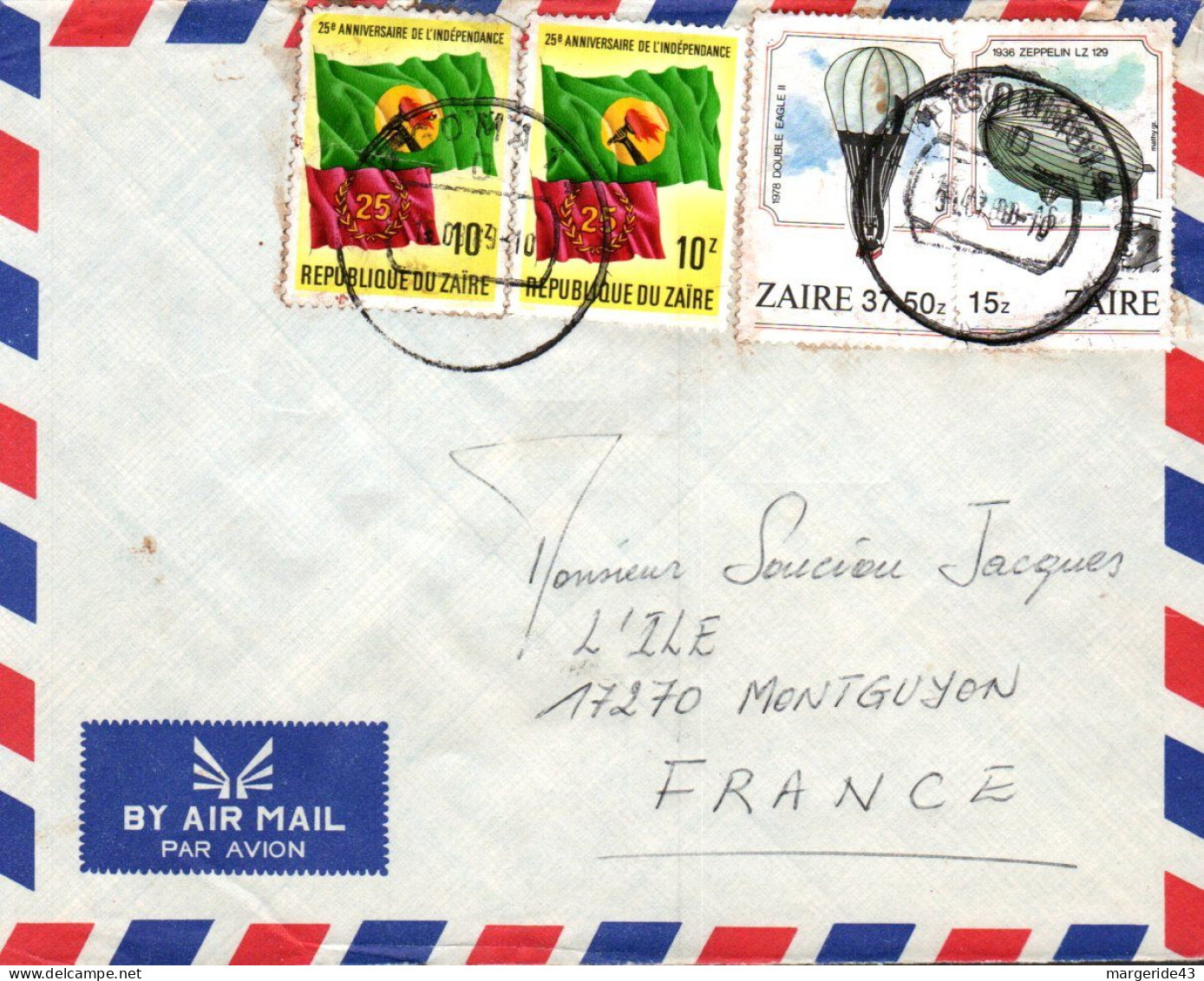 ZAIRE AFFRANCHISSEMENT COMPOSE SUR LETTRE POUR LA FRANCE 1989 - Storia Postale