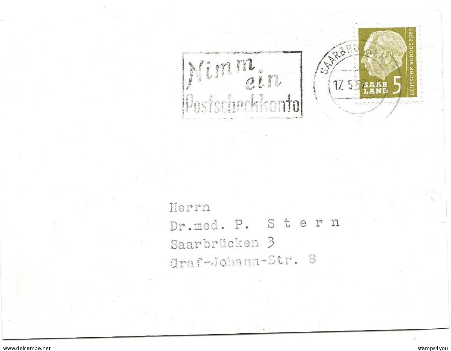 52 - 23 - Enveloppe Envoyée De Saarbrücken .- Oblit Mécanique "Nimm Ein Postscheckkonto 1957" - Briefe U. Dokumente