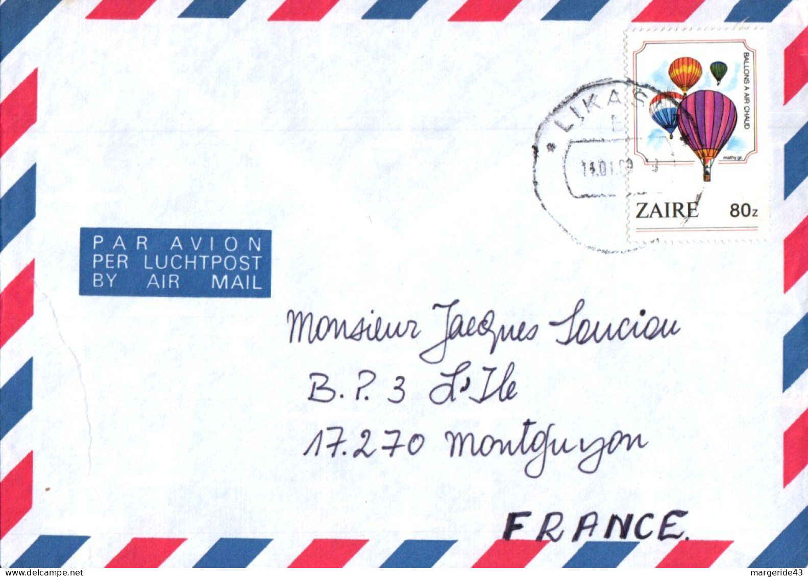 ZAIRE SEUL SUR LETTRE POUR LA FRANCE 1989 - Briefe U. Dokumente