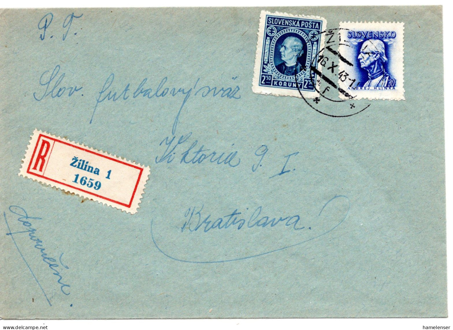 64685 - Slowakei - 1943 - 2,50Ks Hlinka MiF A R-Bf ZILINA -> Bratislava - Cartas & Documentos