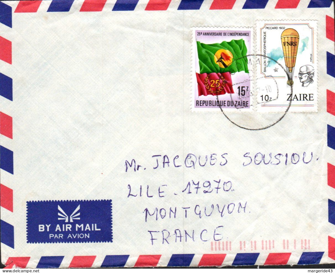 ZAIRE AFFRANCHISSEMENT COMPOSE SUR LETTRE POUR LA FRANCE 1987 - Briefe U. Dokumente