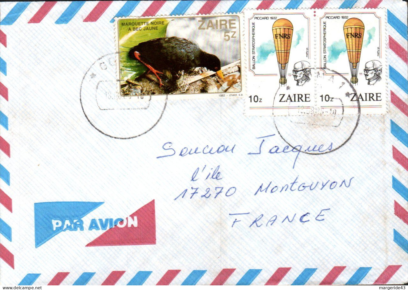 ZAIRE AFFRANCHISSEMENT COMPOSE SUR LETTRE POUR LA FRANCE 1986 - Lettres & Documents