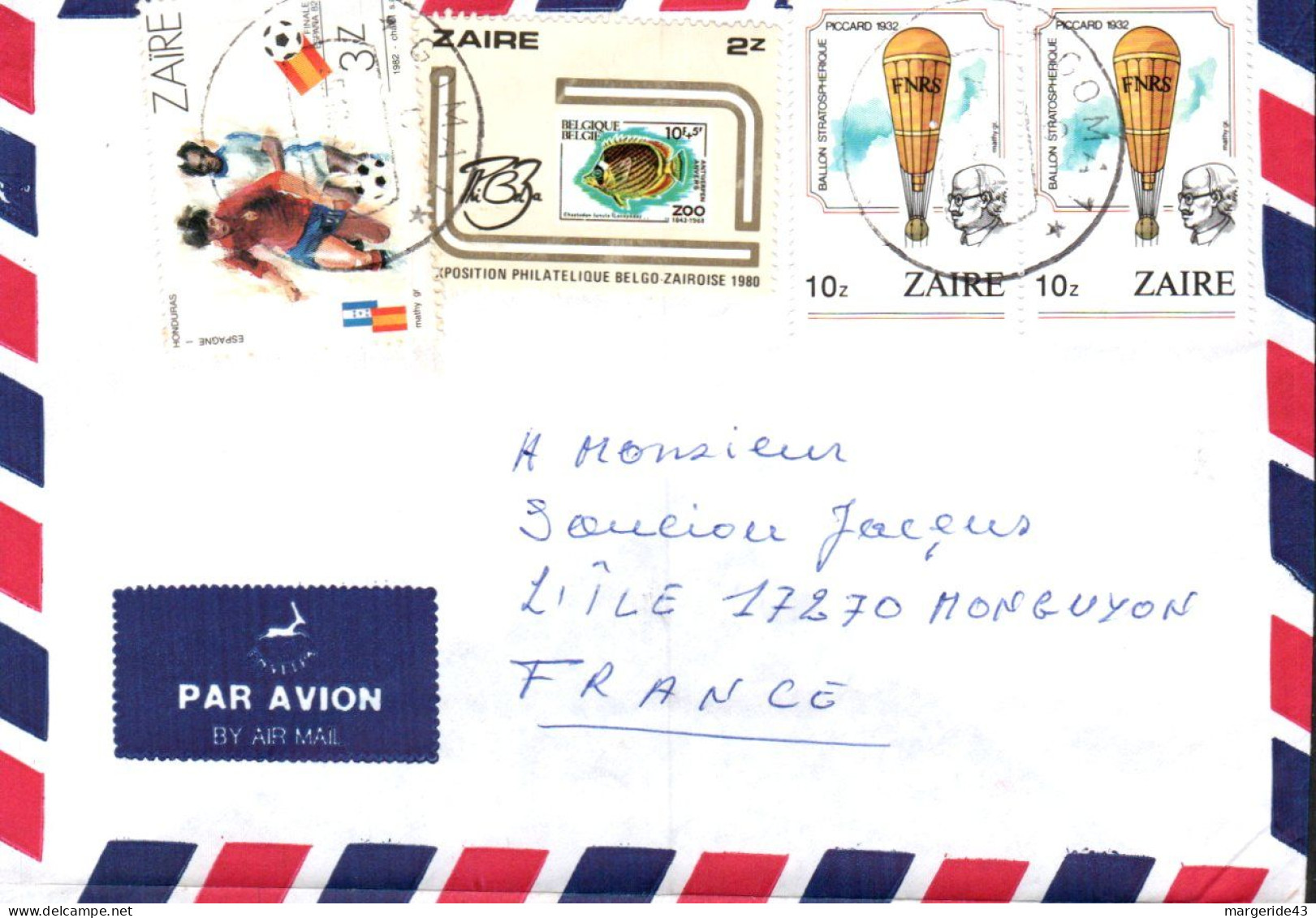 ZAIRE AFFRANCHISSEMENT COMPOSE SUR LETTRE POUR LA FRANCE 1986 - Briefe U. Dokumente