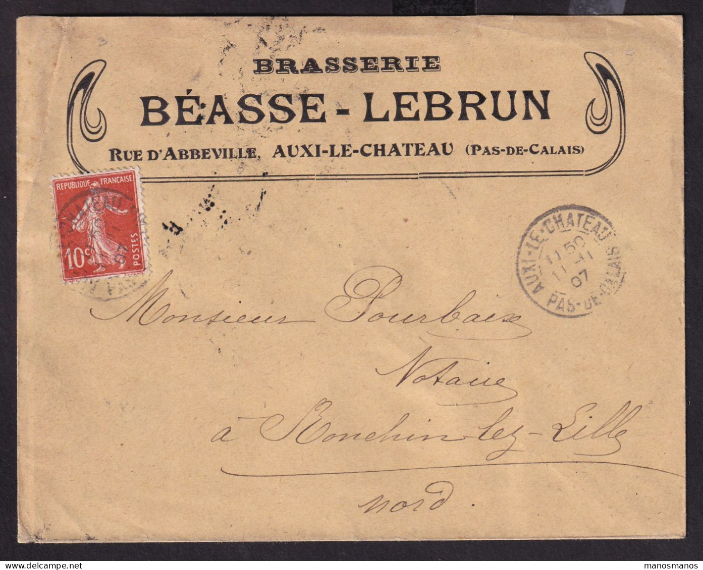 DDDD 922 -- BRASSERIES FRANCE - Enveloppe TP Semeuse AUXI LE CHATEAU (Pas De Calais) 1907 - Brasserie BEASSE-LEBRUN - Beers
