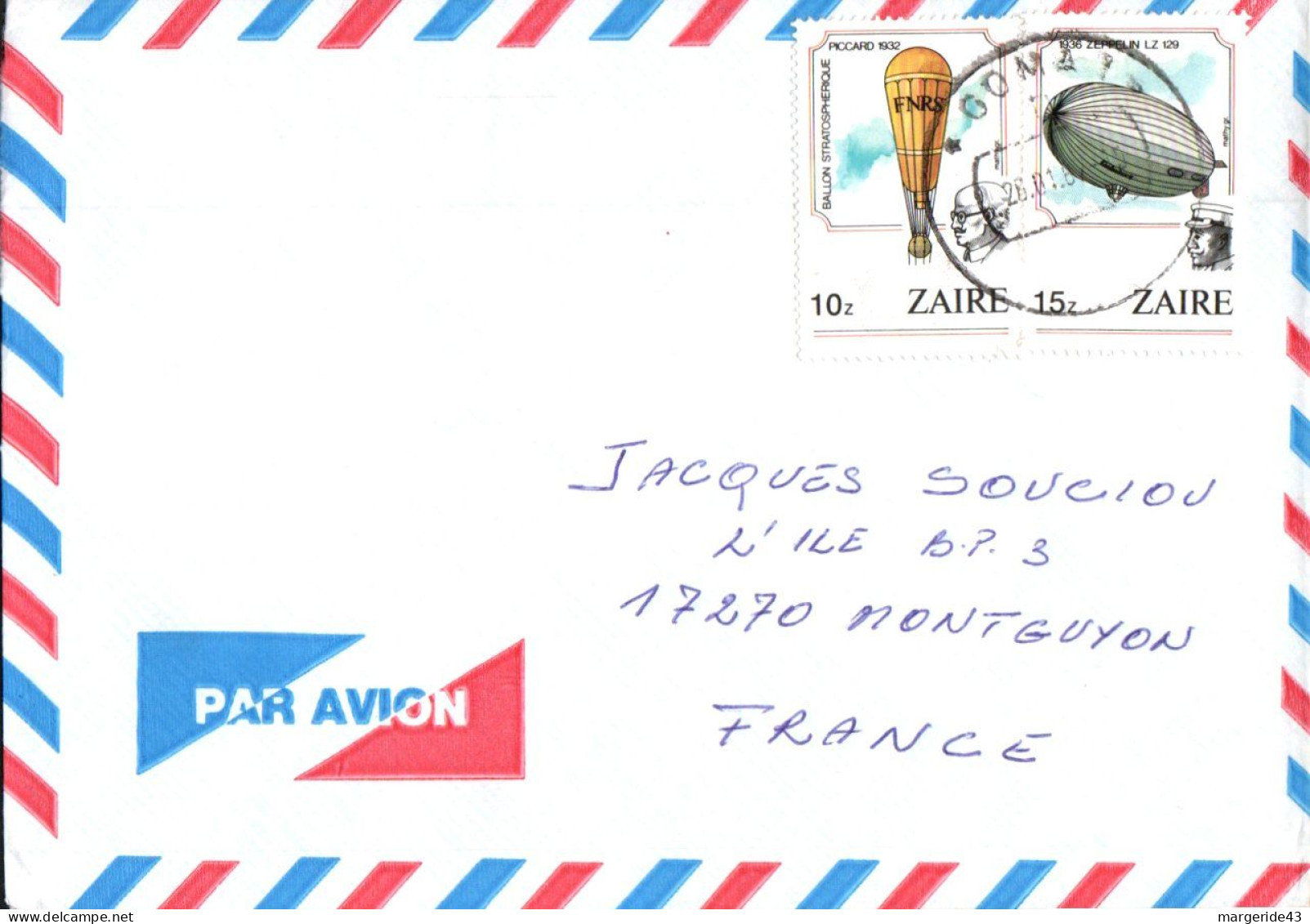 ZAIRE AFFRANCHISSEMENT COMPOSE SUR LETTRE POUR LA FRANCE 1987 - Covers & Documents