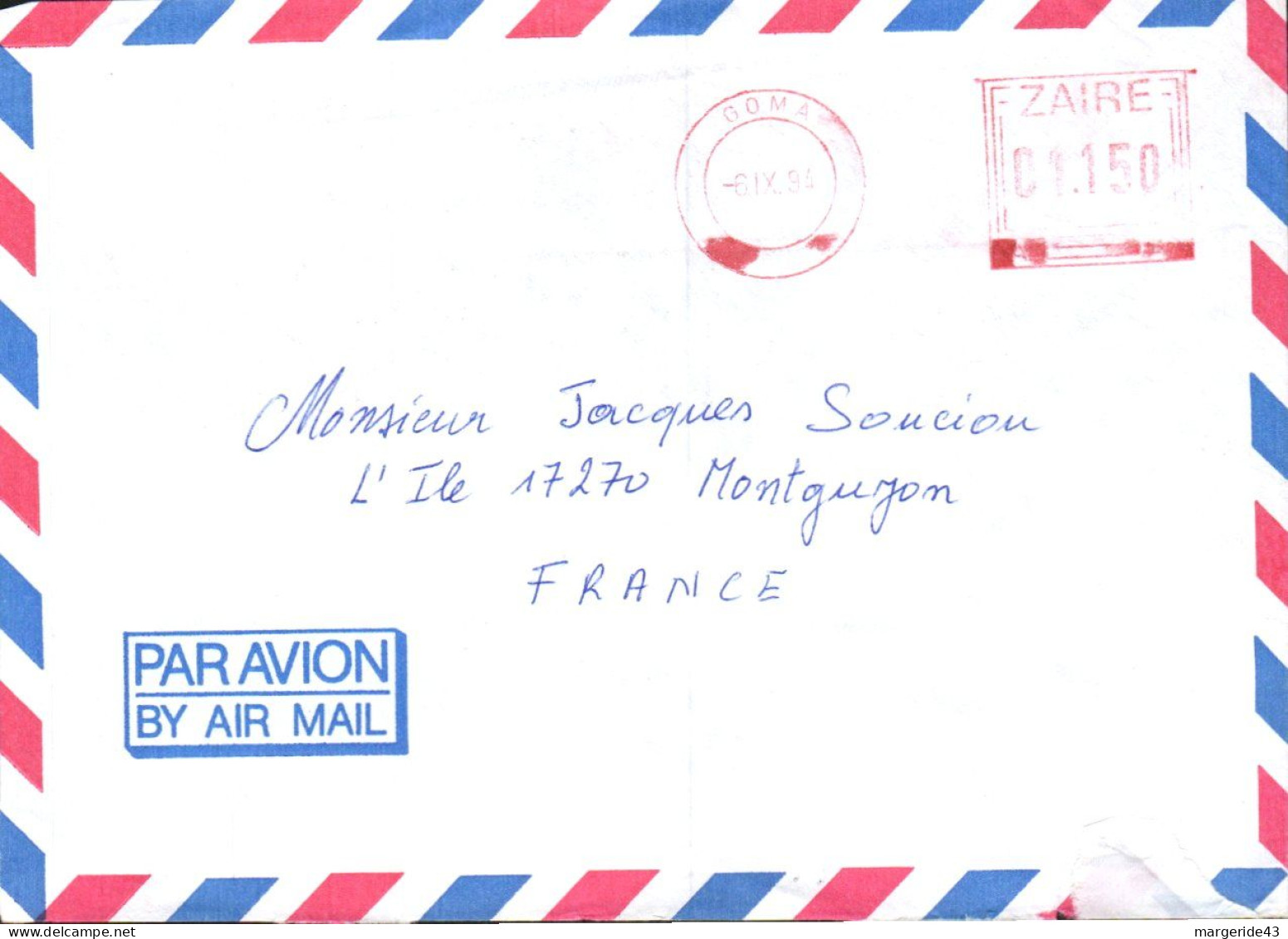 ZAIRE EMA  SUR LETTRE POUR LA FRANCE 1994 - Briefe U. Dokumente