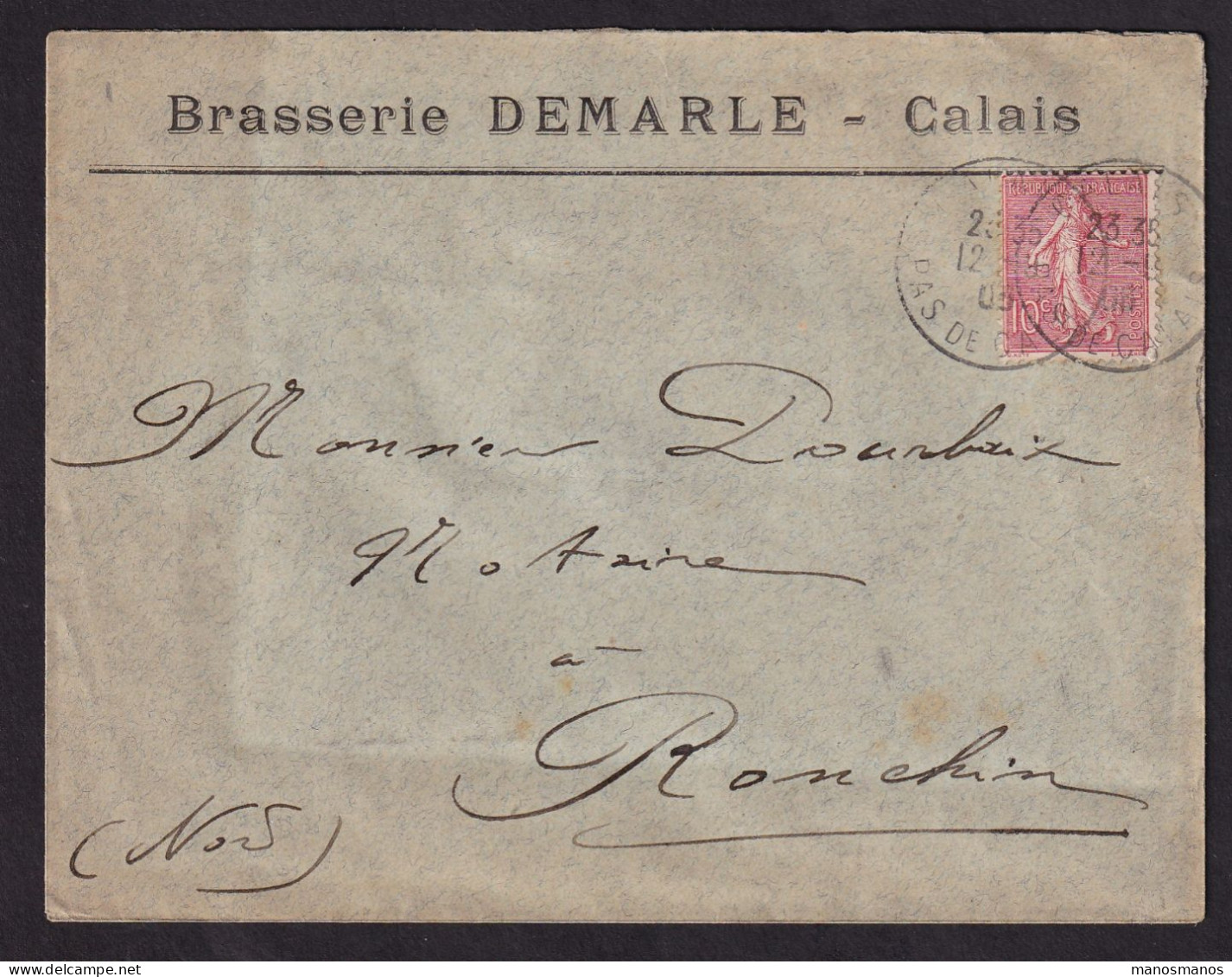 DDDD 923 -- BRASSERIES FRANCE - Enveloppe TP Semeuse CALAIS  (Pas De Calais) 1906 - Entete Brasserie DEMARLE - Bier