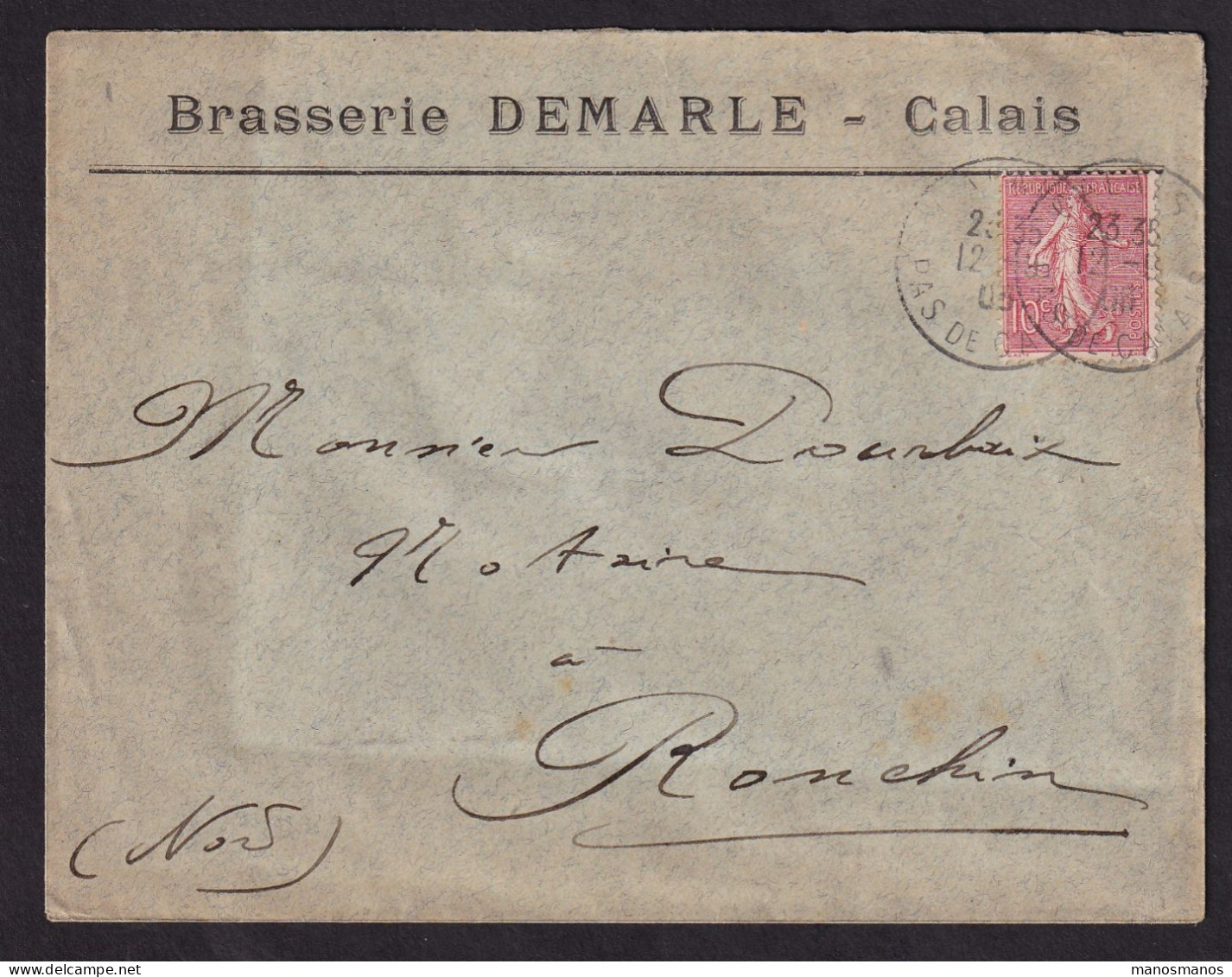 DDDD 923 -- BRASSERIES FRANCE - Enveloppe TP Semeuse CALAIS  (Pas De Calais) 1906 - Entete Brasserie DEMARLE - Beers