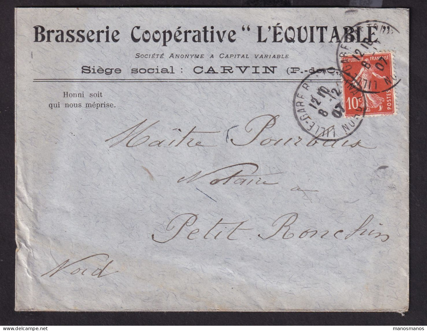 DDDD 925 -- BRASSERIES FRANCE - Enveloppe TP Semeuse CARVIN  (Pas De Calais) 1907 - Brasserie Coopérative "L'EQUITABLE" - Biere