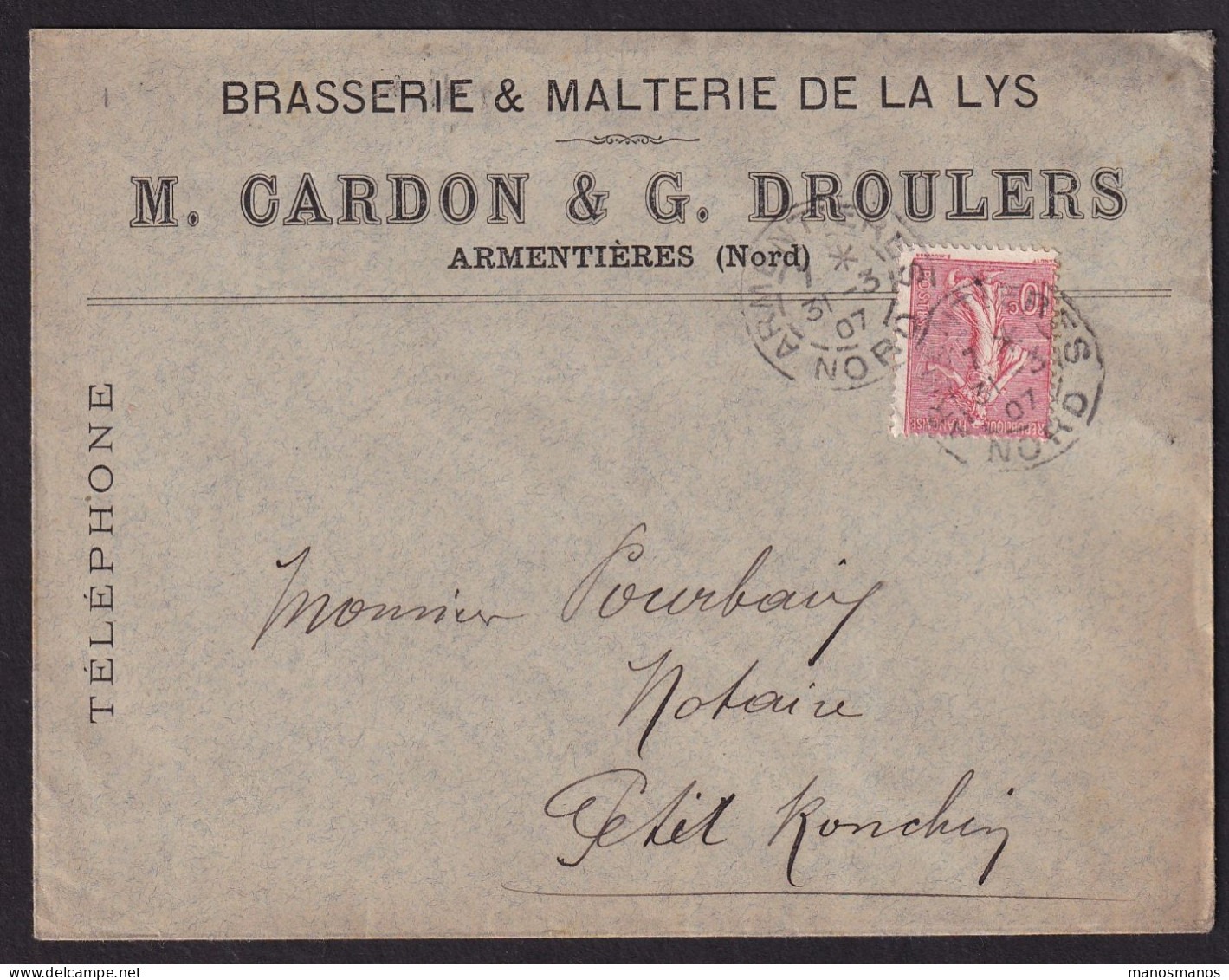 DDDD 926 -- BRASSERIES FRANCE - Enveloppe TP Semeuse ARMENTIERES (Nord) 1907 - Brasserie De La Lys CARDON-DROULERS - Beers