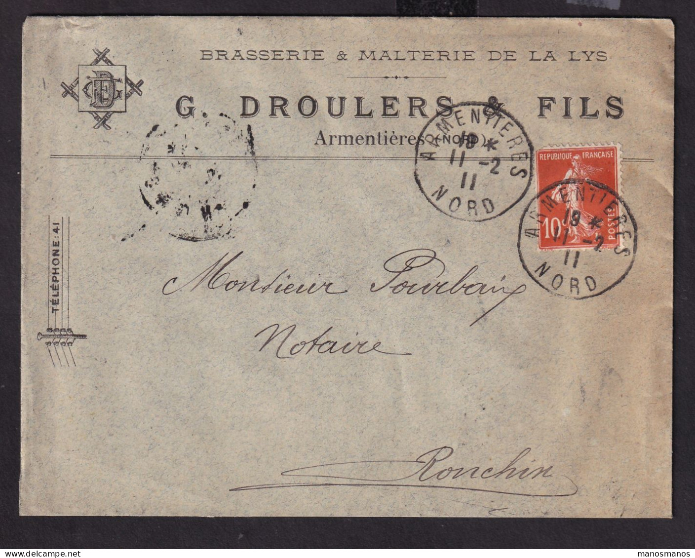 DDDD 927 -- BRASSERIES FRANCE - Enveloppe TP Semeuse ARMENTIERES (Nord) 1911 - Brasserie De La Lys DROULERS § Fils - Bier