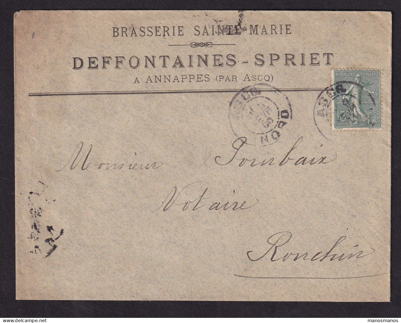 DDDD 928 -- BRASSERIES FRANCE - Enveloppe TP Semeuse ANNAPPES Par ASCQ (Nord) 1908 - Brasserie Sainte-Marie DEFFONTAINES - Biere