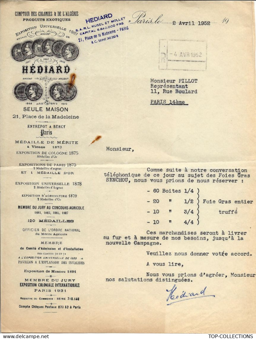 1952 ENTETE  EPICERIE LUXE HEDIARD COMPTOIR COLONIES ET ALGERIE Paris Pour Pillot Paris VOIR HISTORIQUE - 1950 - ...