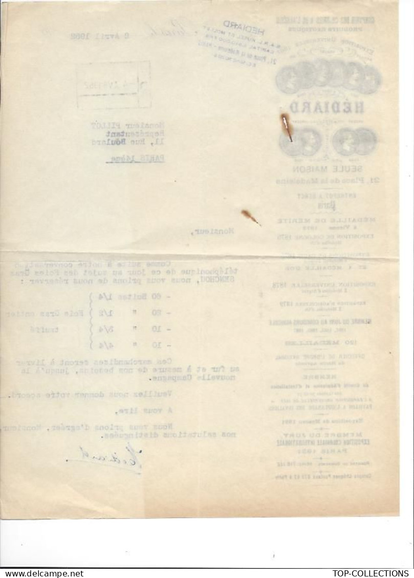 1952 ENTETE  EPICERIE LUXE HEDIARD COMPTOIR COLONIES ET ALGERIE Paris Pour Pillot Paris VOIR HISTORIQUE - 1950 - ...