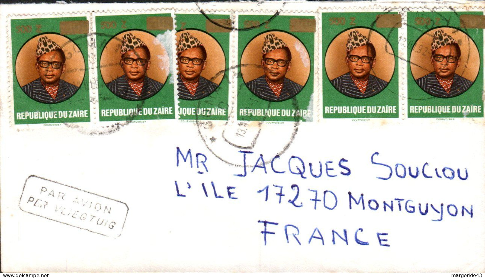 ZAIRE AFFRANCHISSEMENT COMPOSE SUR LETTRE POUR LA FRANCE 1992 - Covers & Documents