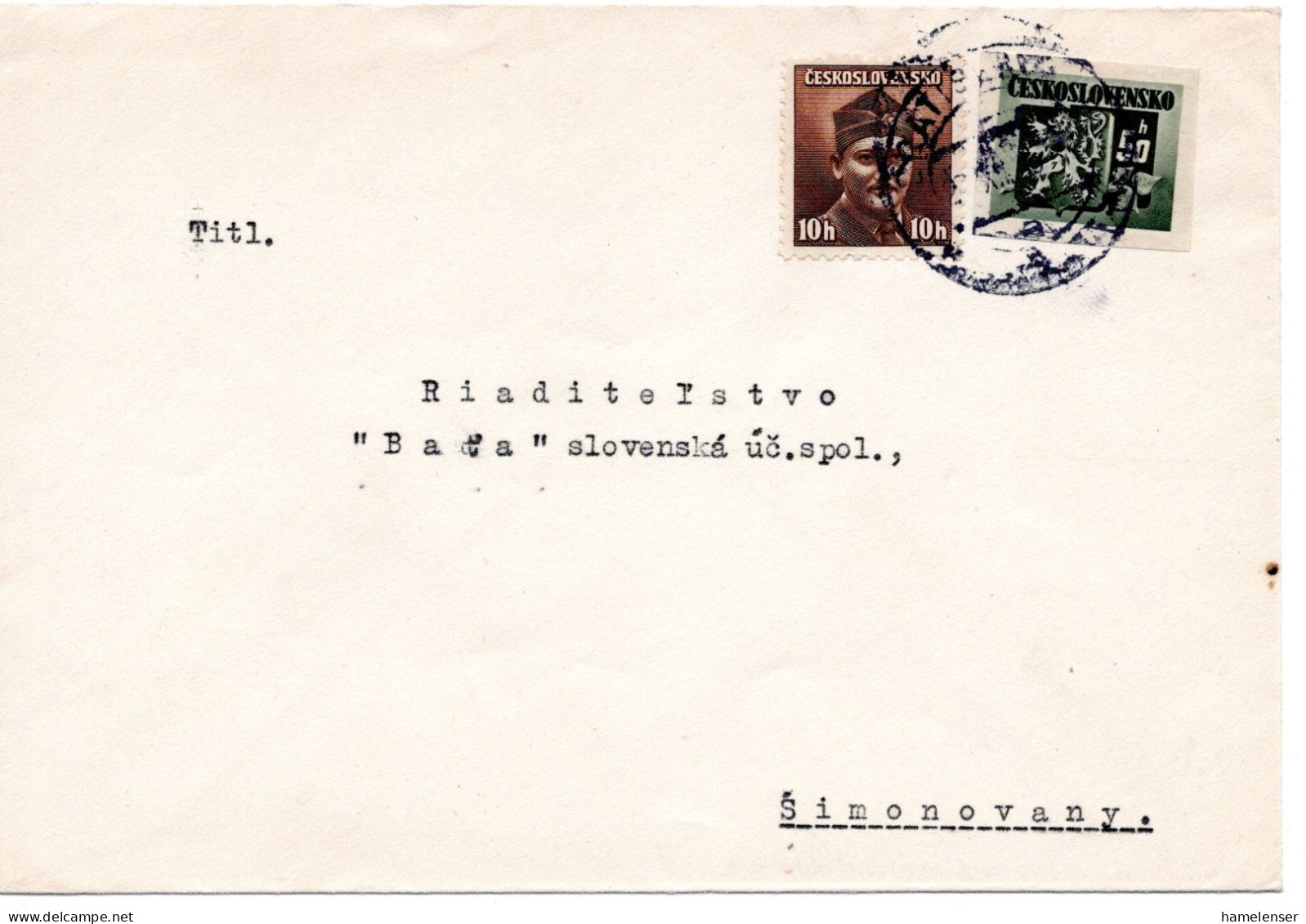 64691 - Tschechoslowakei - 1945 - 50h Wappen MiF A Bf BRATISLAVA -> Simonovany - Cartas & Documentos