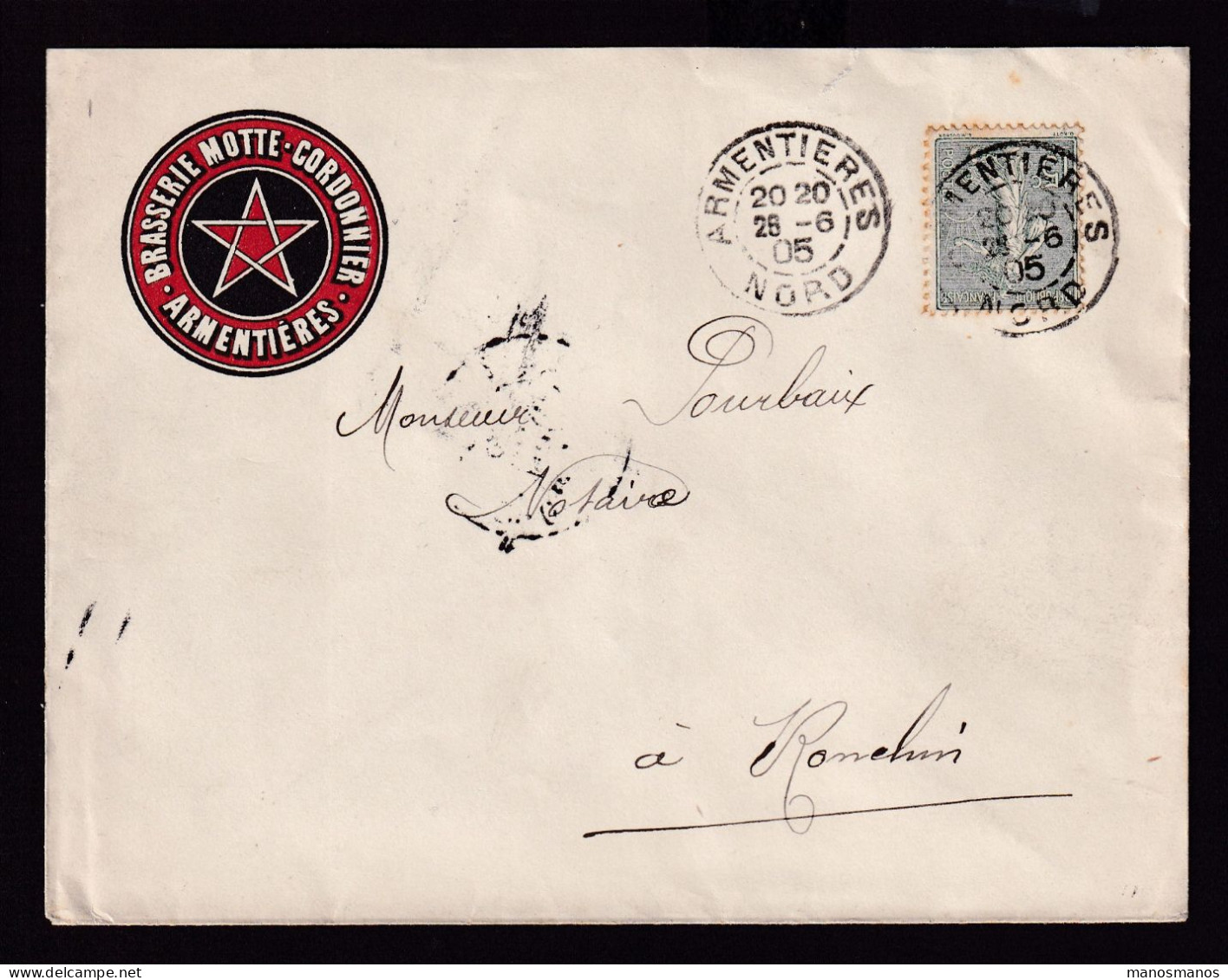 DDDD 929 -- BRASSERIES FRANCE - Enveloppe TP Semeuse ARMENTIERES (Nord) 1905 - Brasserie MOTTE-CORDONNIER - Bier