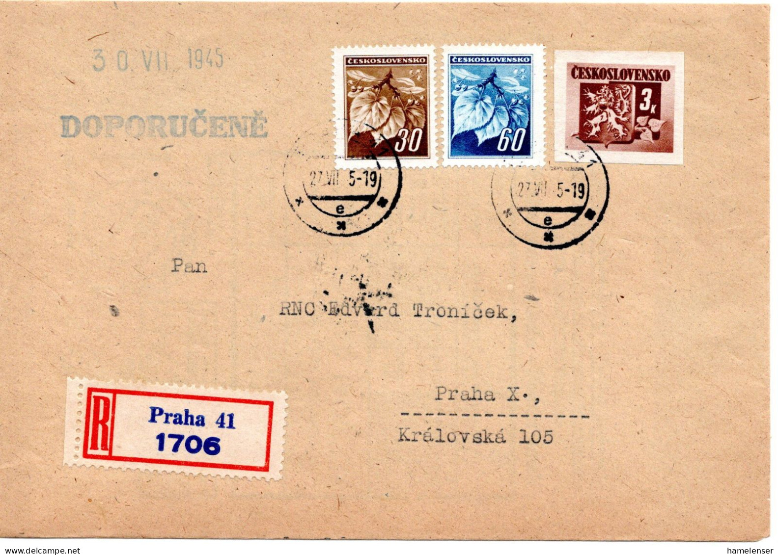 64692 - Tschechoslowakei - 1945 - 3K Wappen MiF A OrtsR-Bf PRAHA - Lettres & Documents