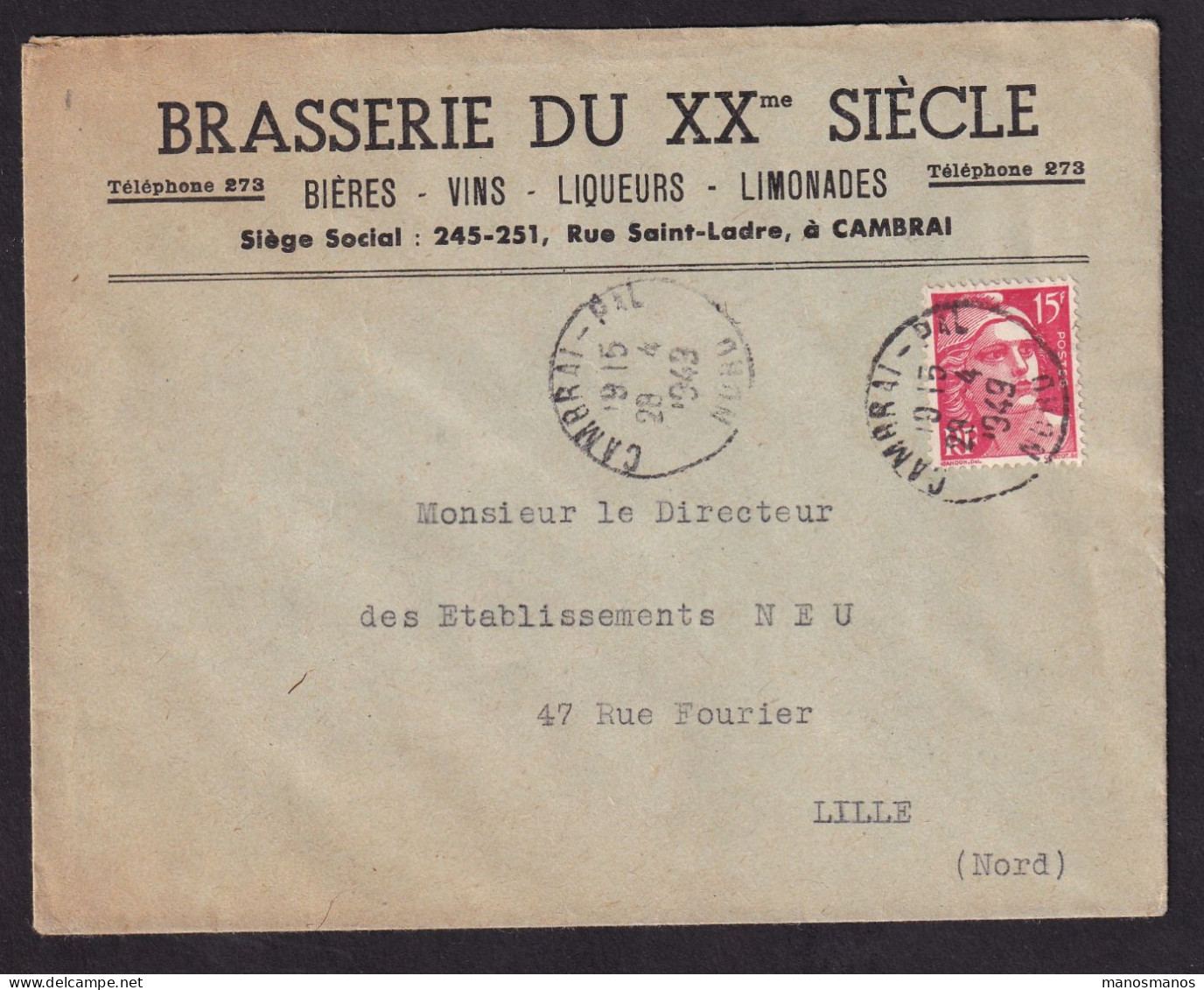 DDDD 930 -- BRASSERIES FRANCE - Enveloppe TP Gandon CAMBRAI (Nord) 1949 - Brasserie Du XXè SIECLE - Bier