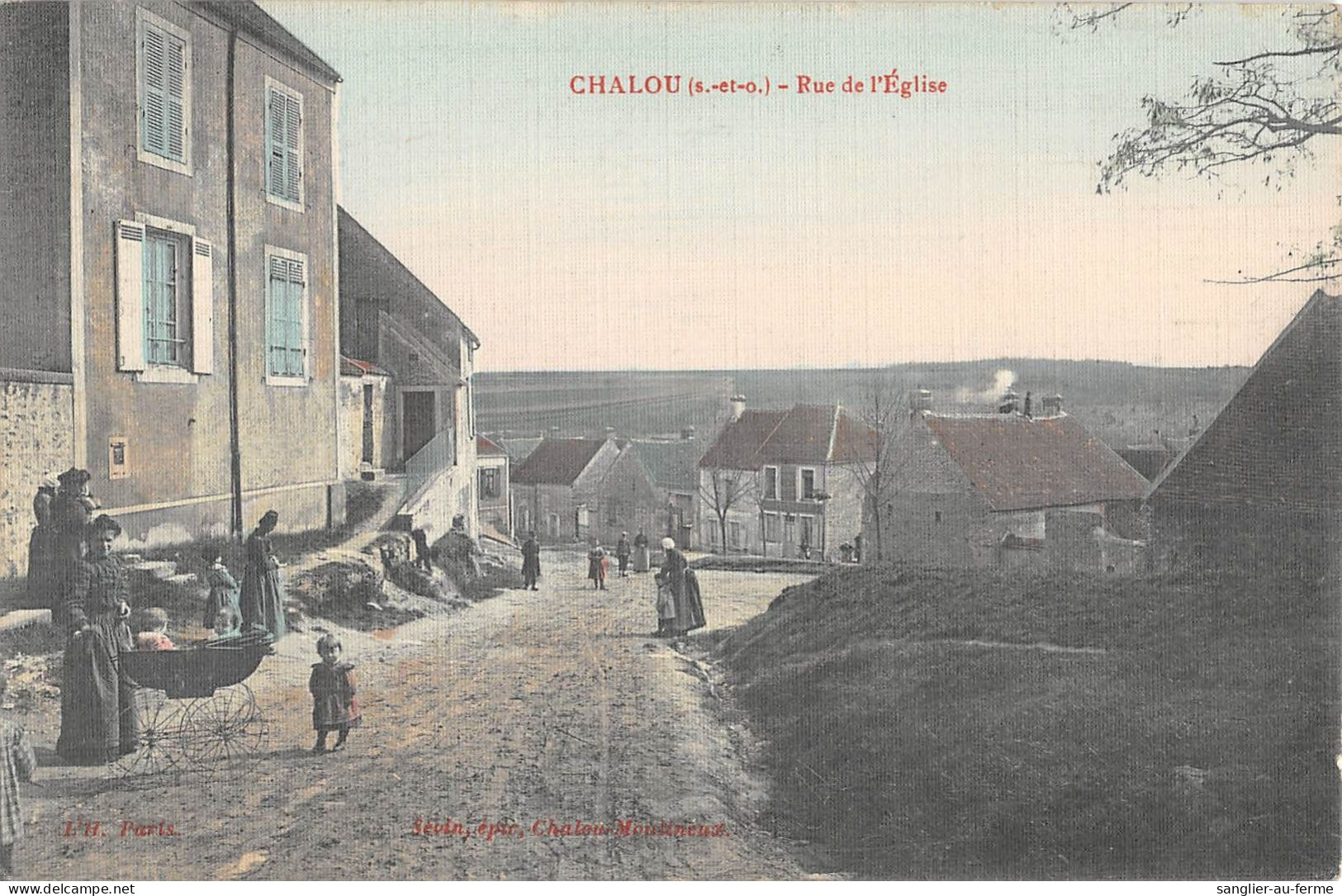 CPA 91 CHALOU / RUE DE L'EGLISE / Cpa Toilée - Autres & Non Classés