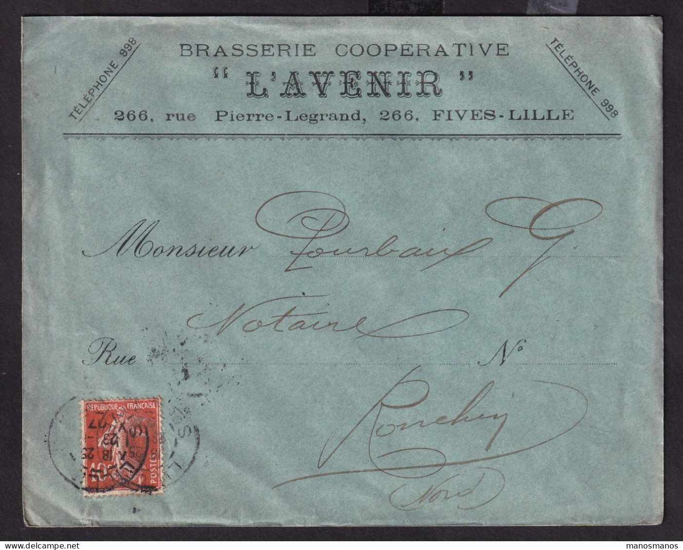 DDDD 931 -- BRASSERIES FRANCE - Enveloppe TP  Semeuse FIVES-LILLE (Nord) 1907 - Brasserie Coopérative "L'AVENIR" - Beers